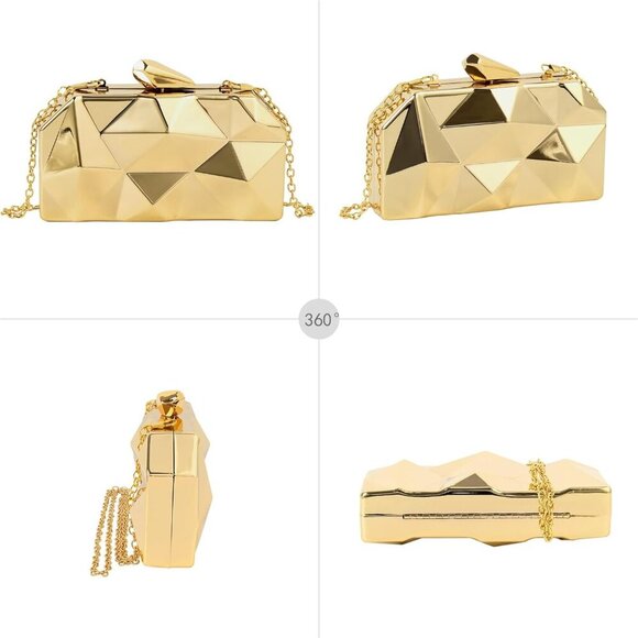 Women Metal Clutch Purse Small Evening Bag Geometric Gold with Chain - Picture 4 of 8